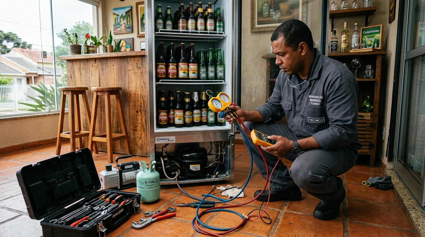 Profissional executando reparo no motor de cervejeira em Cuiabá‑MT